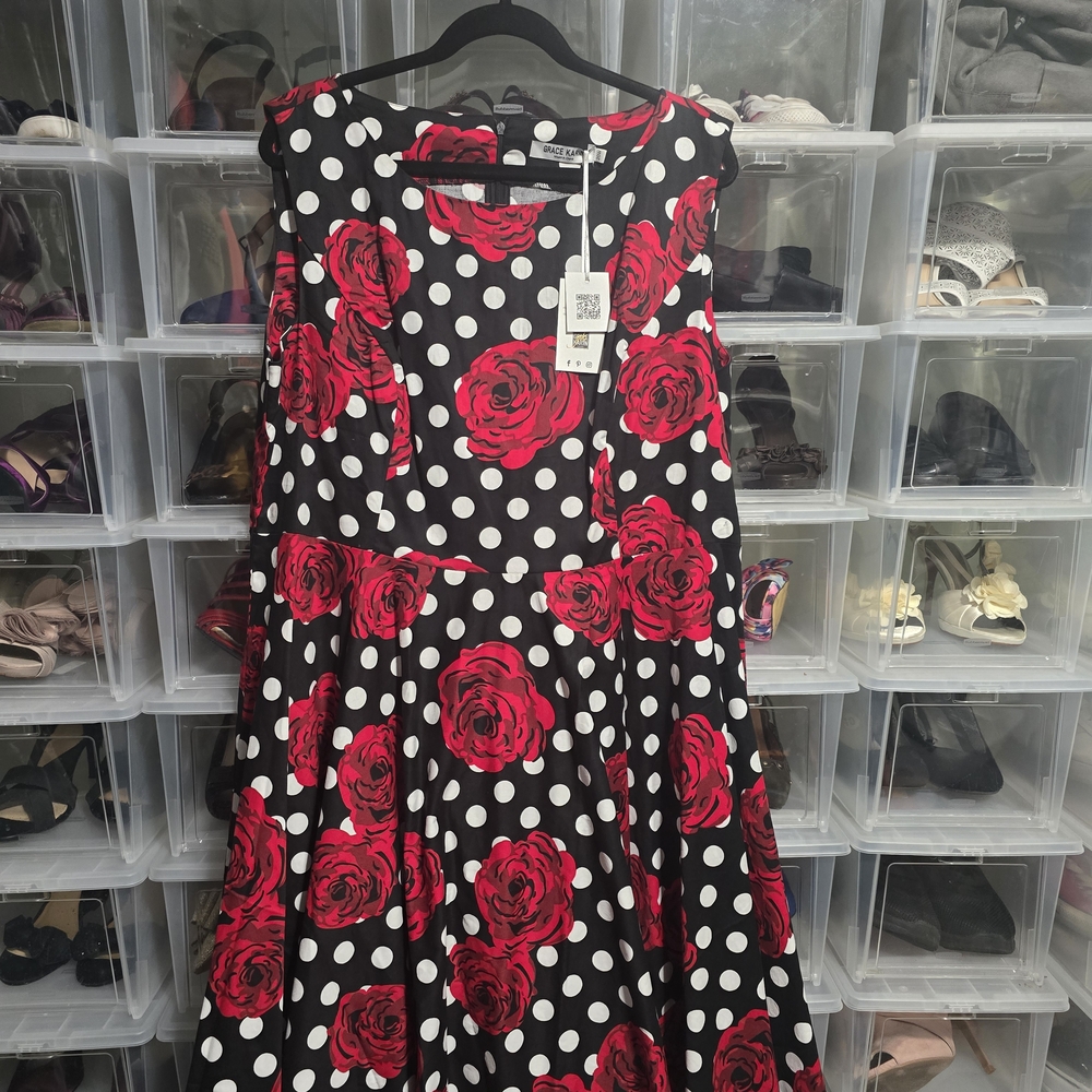 Grace Karin Black Dress with Red Roses and White Polka Dots